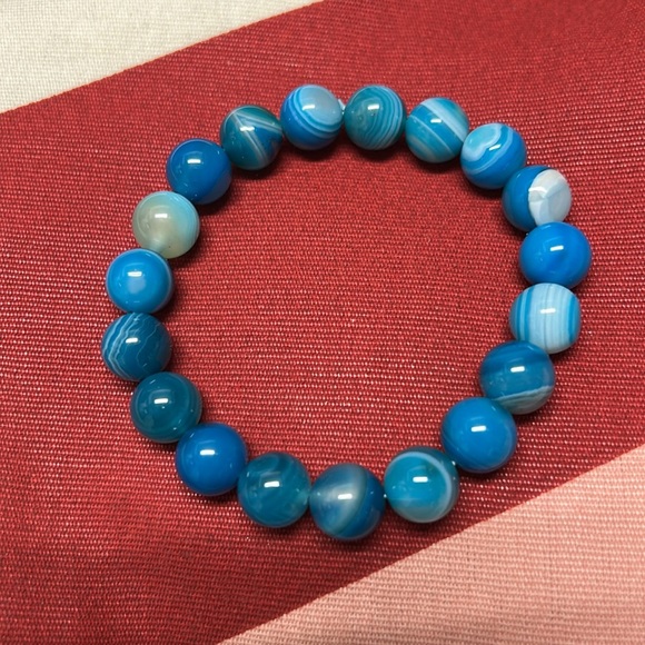 Jewelry - Blue Striped Agate Natural Stone 10mm Beads Stretchable Bracelet 7" - Best Gift